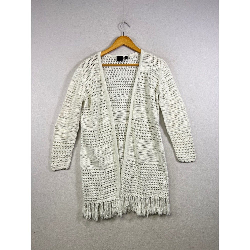 Crochet Cardigan Womens Medium White Fringe Longline Open Knit Boho